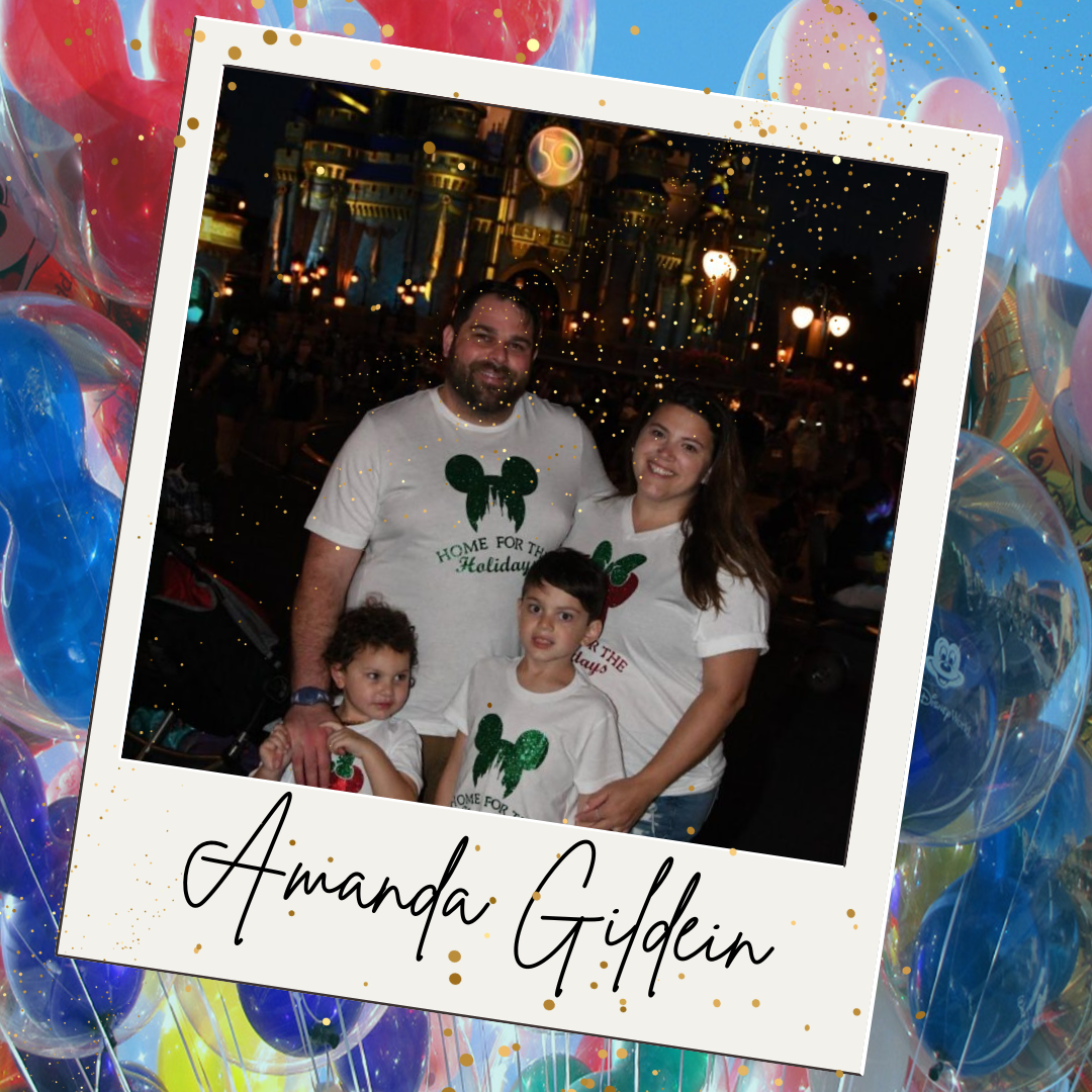 Experienced Travel Agent Amanda Gildein poses with her family in front of the castle at the Magic Kingdom during the holiday season in matching family shirts.