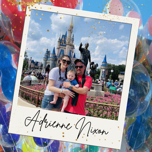 Experienced Travel Agent Adrienne Nixon poses with her husband and baby in front of the castle at Disney's Magic Kingdom Theme Park.