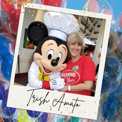 Experienced Travel Agent Trish Amato poses with Mickey Mouse during Chef Mickey's character breakfast at Disney's Contemporary Resort at Walt Disney World.