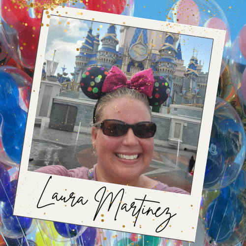 Experienced Travel Agent Laura Martinez takes a selfie in front of Cinderella Castle at the Magic Kingdom while wearing Minnie Mouse ears and sunglasses.